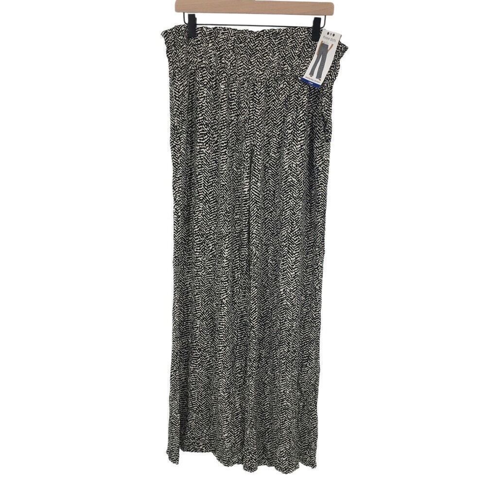 Three Dots Pants Womens Large Black White Chevron Print Smocked Wide Leg NWT #D